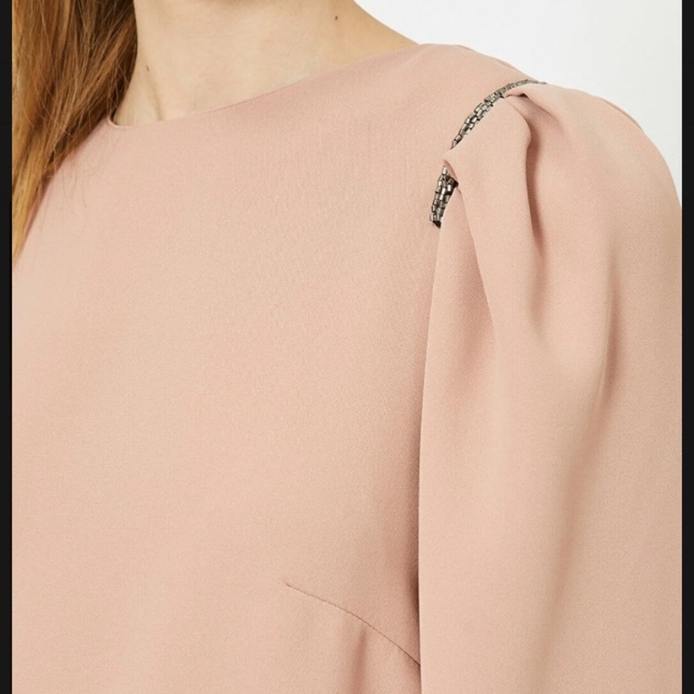 H&M blush pink puff sleeve beaded shoulder long sleeve mini dress small - Picture 5 of 6